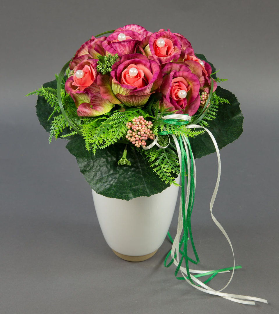 Brautstrauß rund mit mit Rosen mit Perlen rosa-fuchsia Kunstblumen Seidenblumen künstliche Blumen