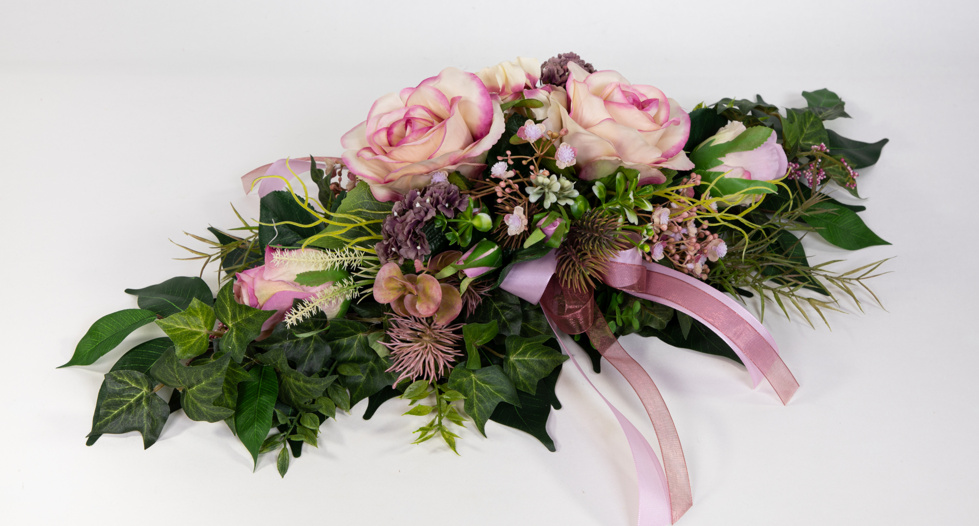 Tischgesteck länglich 60cm rosa-pink mit Rosen und Hortensie Kunstblumen künstliche Blumen