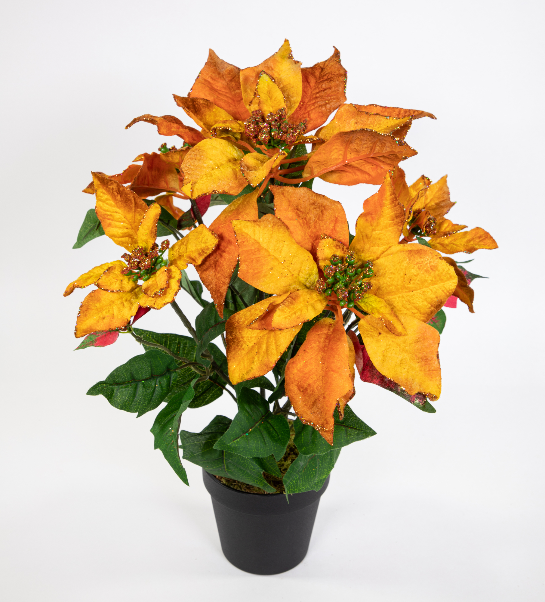 Weihnachtsstern mit Glitzer 48cm orange im Topf LM künstliche Blumen Kunstblumen Poinsettie