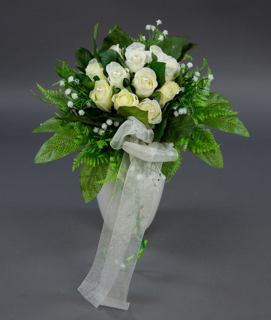 Brautstrauß mit 12 weiß-cremen Rosen AD Kunstblumen Seidenblumen künstliche Blumen