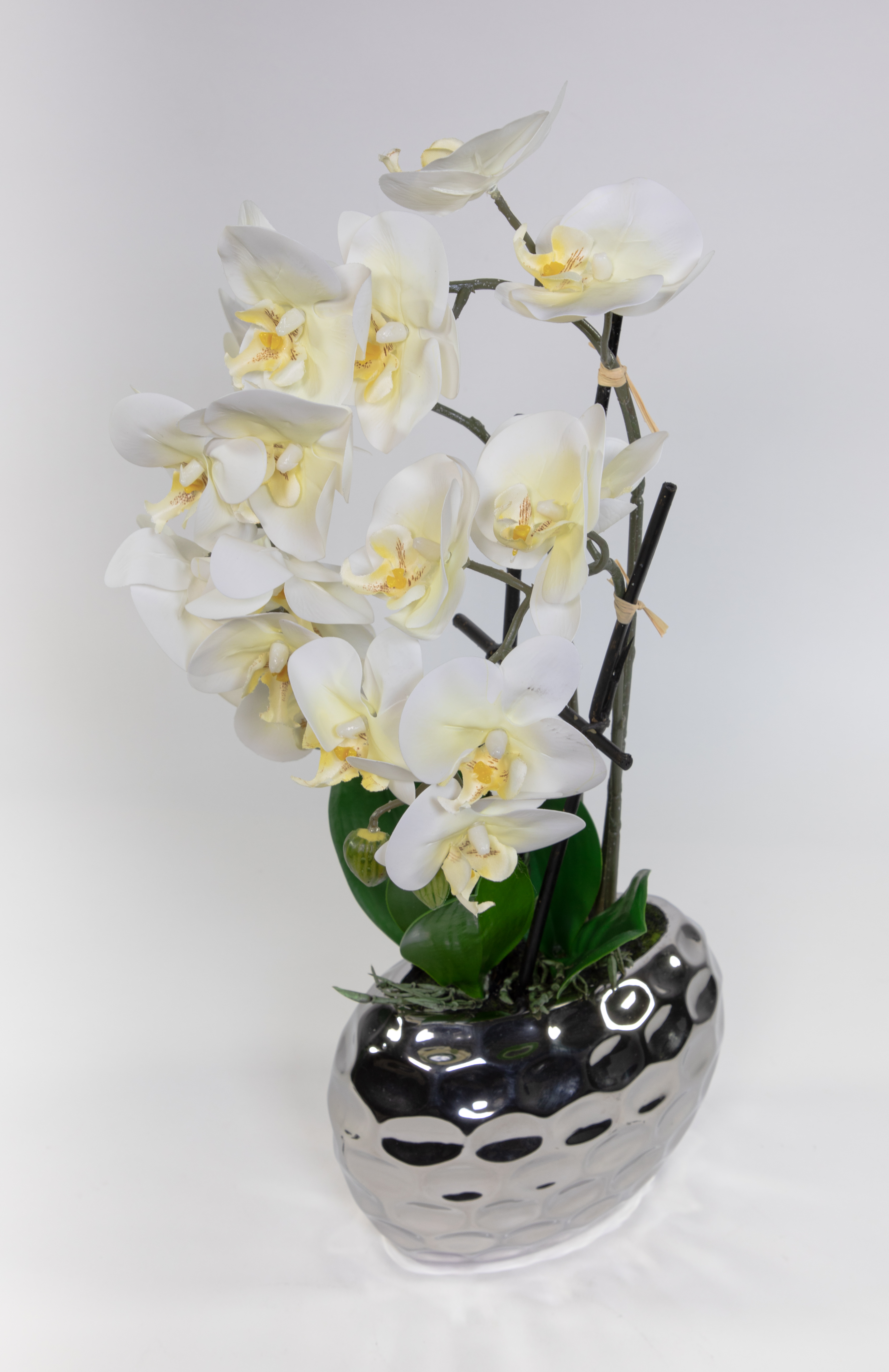 Orchidee Real Touch 56x26cm weiß in Silber-Keramikvase GA Kunstblumen künstliche Blumen Phalaenopsis