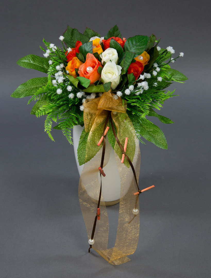 Brautstrauß mit 12 Rosen in weiß-orange-rotorange AD Kunstblumen Seidenblumen künstliche Blumen