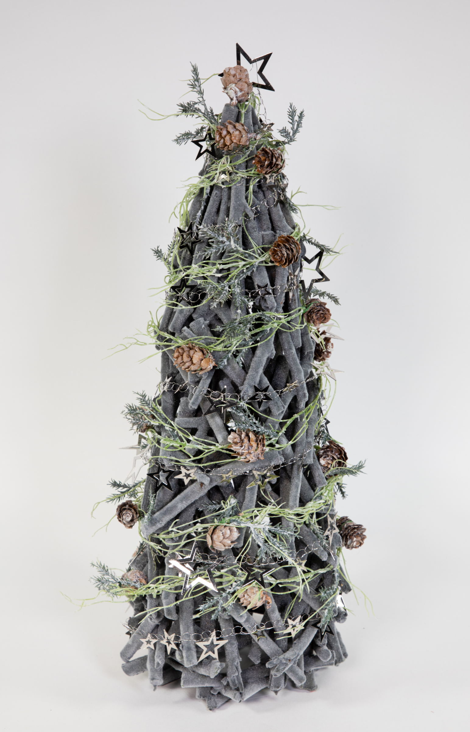 Holz-Tannenbaum 46cm grau-beflockt mit Deko künstlicher Baum Tann Weihnachtsbaum