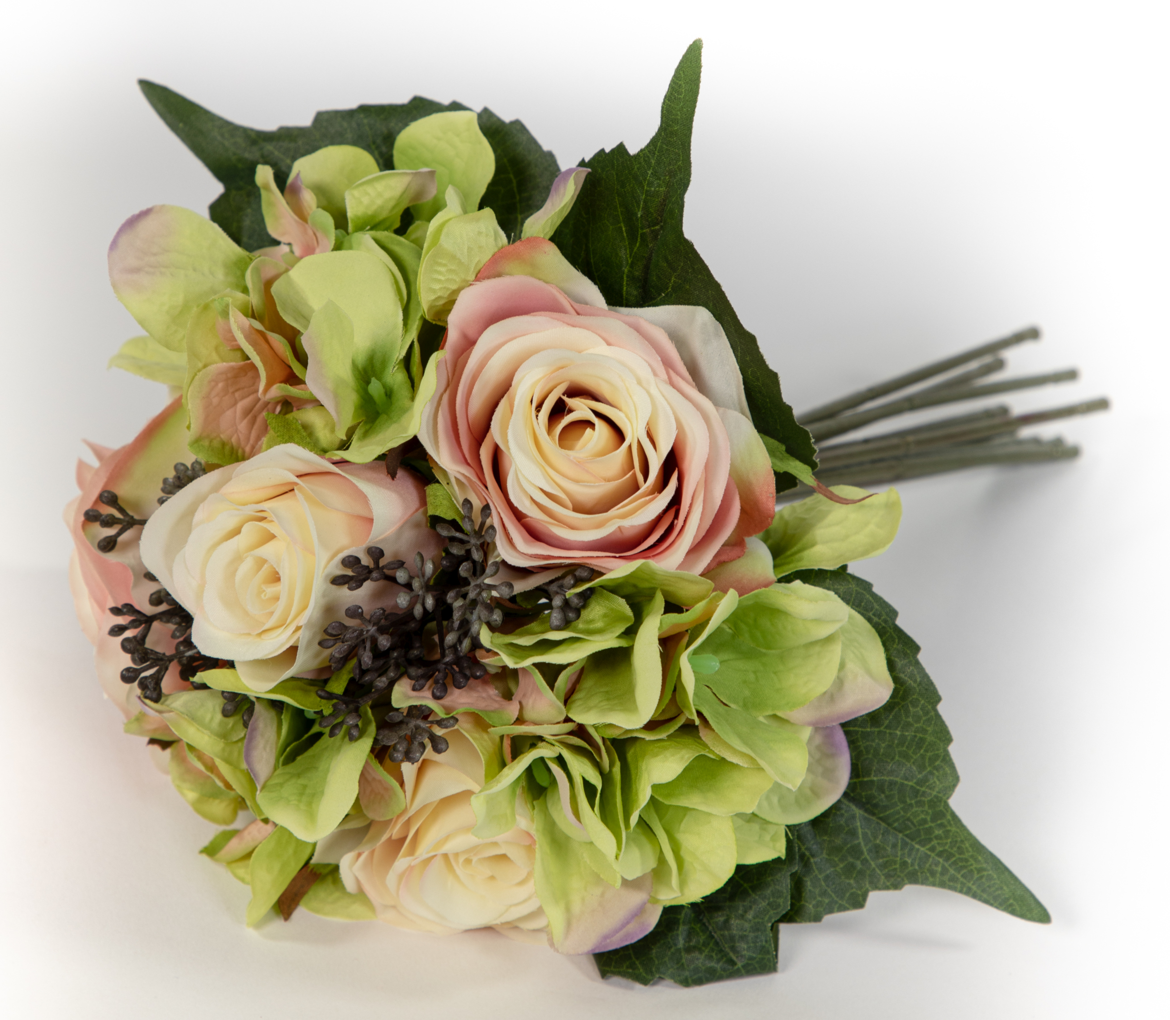 Rosen- Hortensienbouquet 30x24cm peach-rosa-grün GA Kunstblumen künstliche Blumen Strauß