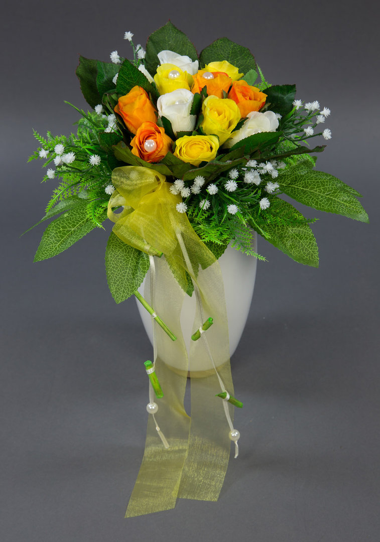 Brautstrauß mit 12 Rosen in weiß-gelb-orange AD Kunstblumen Seidenblumen künstliche Blumen