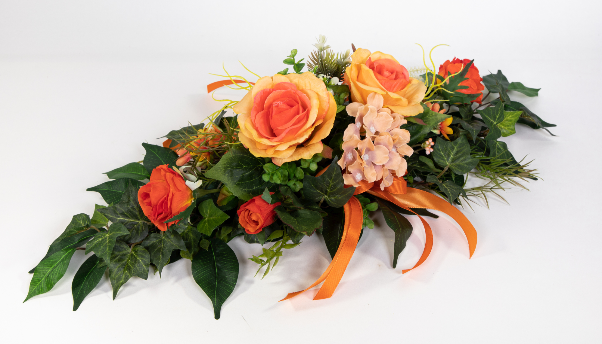 Tischgesteck länglich 60cm orange mit Rosen und Hortensie Kunstblumen künstliche Blumen