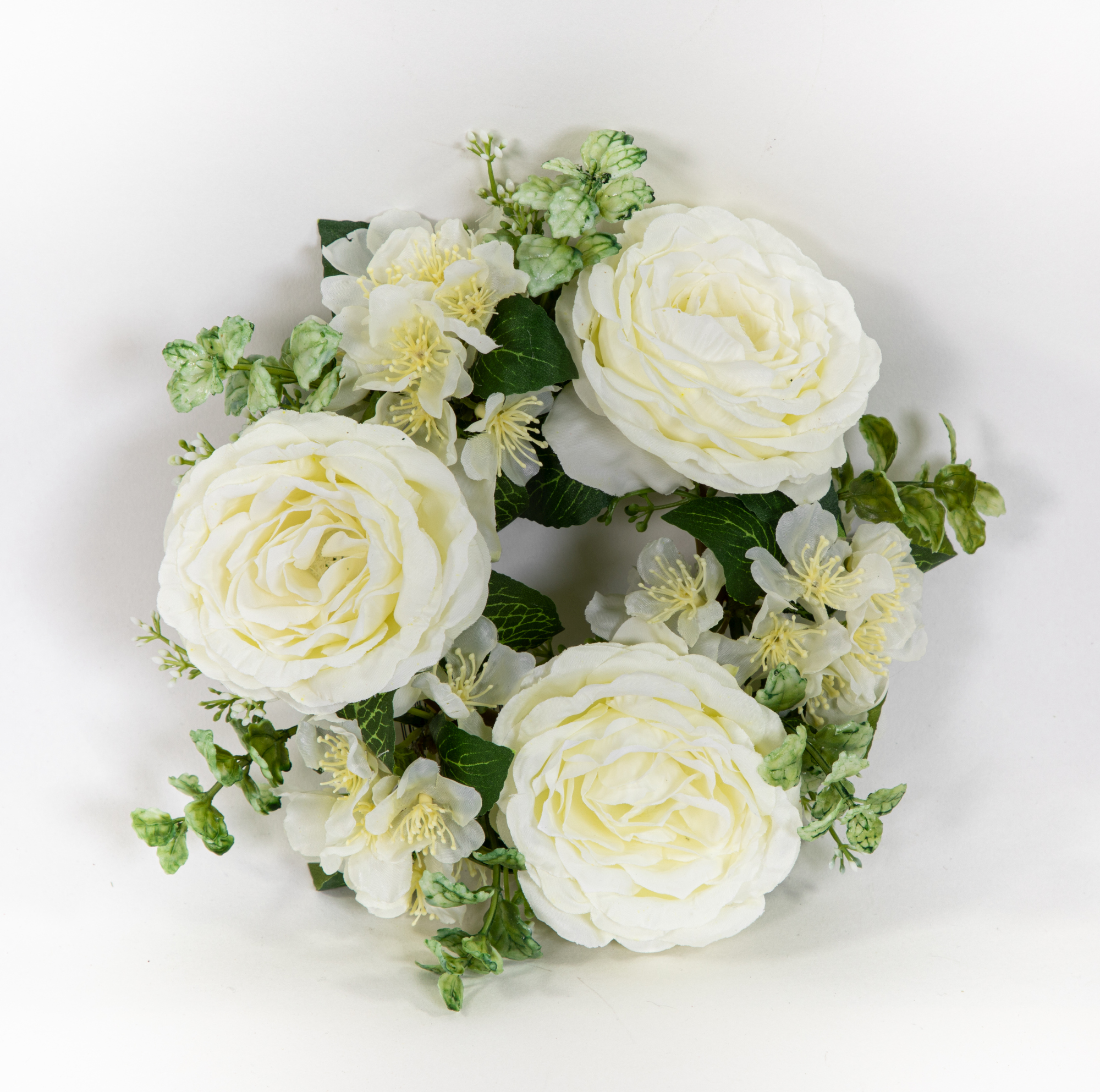 Kerzenring / Blütenkranzring 22cm weiß GA künstlicher Kranz mit Rosen Kranz Blumen Kunstblumen